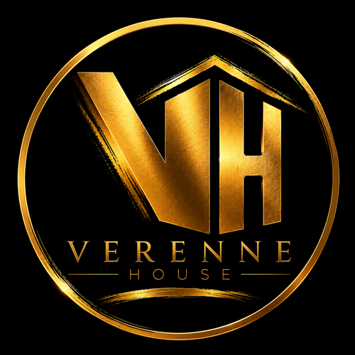 Verenne House circular gold monogram logo featuring a metallic VH house emblem, elegant serif lettering, and luxury black and gold branding.